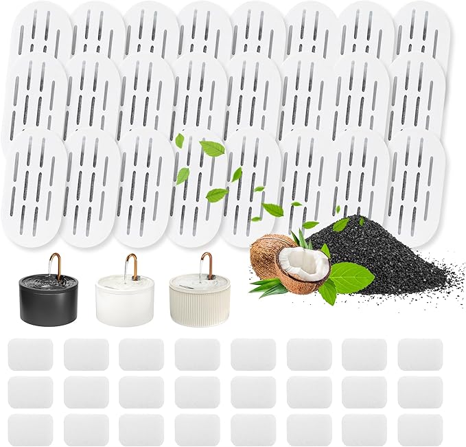 Ceramic Cat Water Fountain Filters, 24 Pack Replacement Filters & 24 Pack Replacement Pre-Filter Sponges Set for MISFANS and Other Ceramic Pet Fountain Water Dispenser