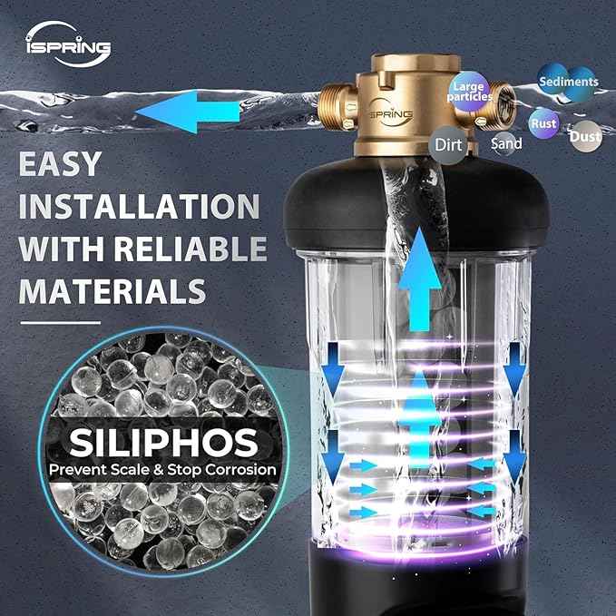 iSpring WSP50SL-ARJ Reusable Whole House Spin Down Sediment Water Filter, Includes Siliphos Helps Prevent Scale and Corrosion, Clear Housing, Upgraded Jumbo Size, with Touch-Screen Auto Flushing