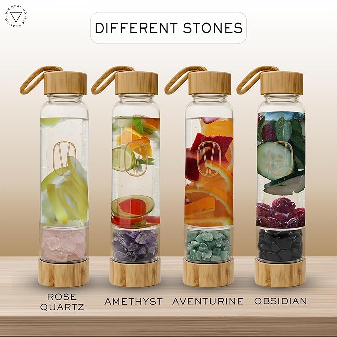 Vie Healing Gem Infused Rose Quartz Crystal Water Bottle, 16oz | Crystal Glass Bottle for Mindful Hydration, Daily Balance & Style | Eco Friendly Reusable Water Bottle for Home, Office, Gym & Travel