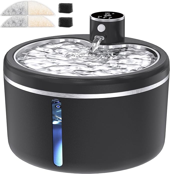 Cat Water Fountain Cordless, 108oz/3L Pet Fountains for Cats Indoor with Stainless Steel Tray, Battery Operated Cat Drinking Fountain with Motion Sensor, Ultra Quiet Pump (Black)