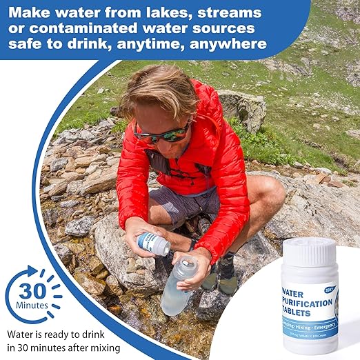 Water Purification Tablets (100 Count) - Water Tablets Purification for Drinking for Camping, Boating, Hiking, Backpacking, Emergencies - Portable Water Treatment for Safe Drinking Anywhere