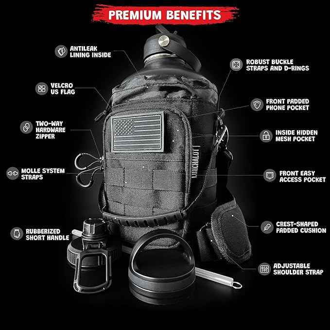 Half Gallon Water Bottle Jug - 84 Oz Insulated Stainless Steel Metal Water Jug with Holder - Carrying Bag - Spout Handle - Straw Lids - Keep Cold & Hot - Black Tactical Flask