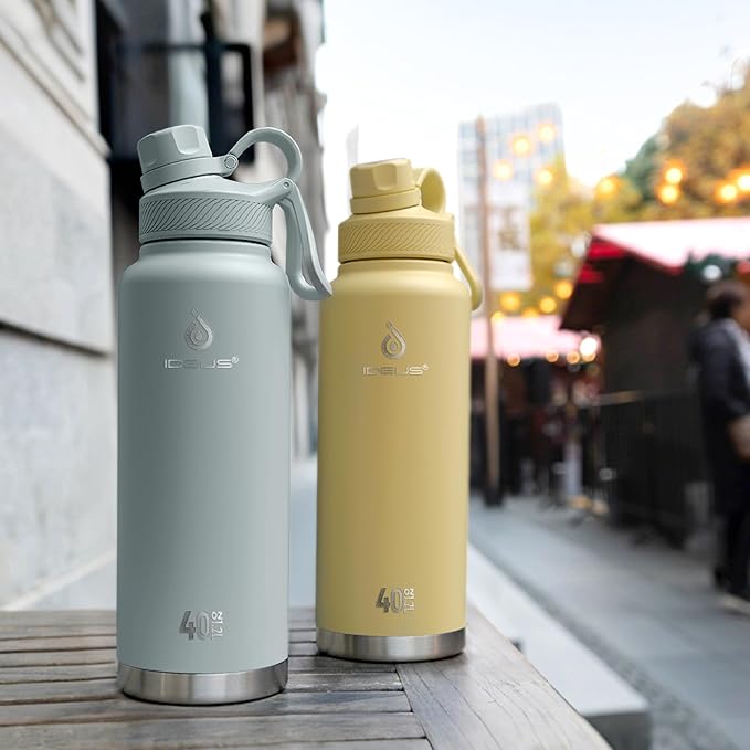 IDEUS Insulated Stainless Steel Water Bottle with 2 Leak-Proof Lids, Thermal Water Flask for Hiking Biking, 40oz, Light Yellow