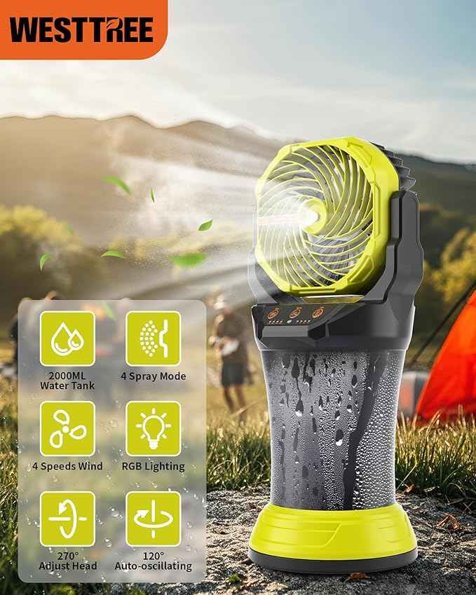 Portable Misting Fan with Large Battery Fan-Rechargeable Outdoor Misting Cooling Fans with 2L Water Tank,RGB Lights,4 Speeds & Spray Modes-for Patio, Camping, Beach, Workshop (Green)