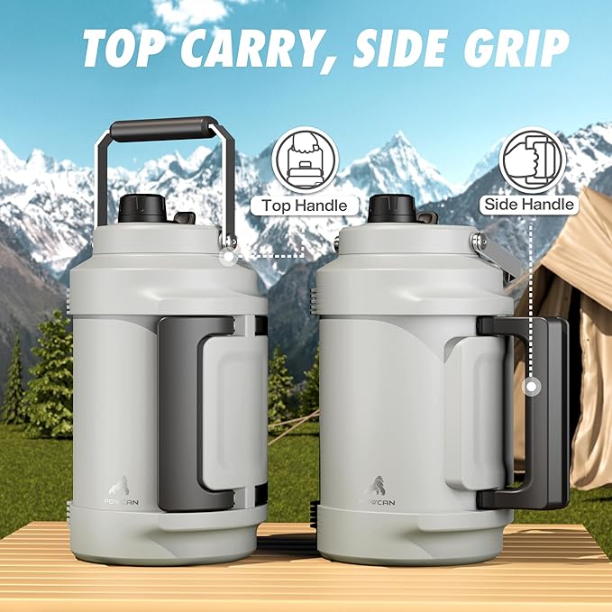 POWCAN Gallon Insulated Water Bottle: 2-in-1 Straw Spout Lid, Dual Handle, Leakproof, Keep Cold 48H, 128oz Stainless Steel Water Jug for Gym, Hydration, Fitness, Trip, Work, Home, Picnic (Frost)