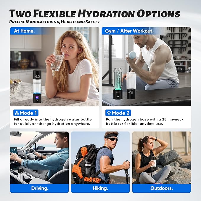 Hydrogen Water Bottle Generator - 6000PPB High Concentration, SPE PEM Tech, Portable 9Oz Hydrogen Water Ionizer, Rechargeable Rapid Hydrogen Boost, Travel Friendly with Bottle Adapter, Black