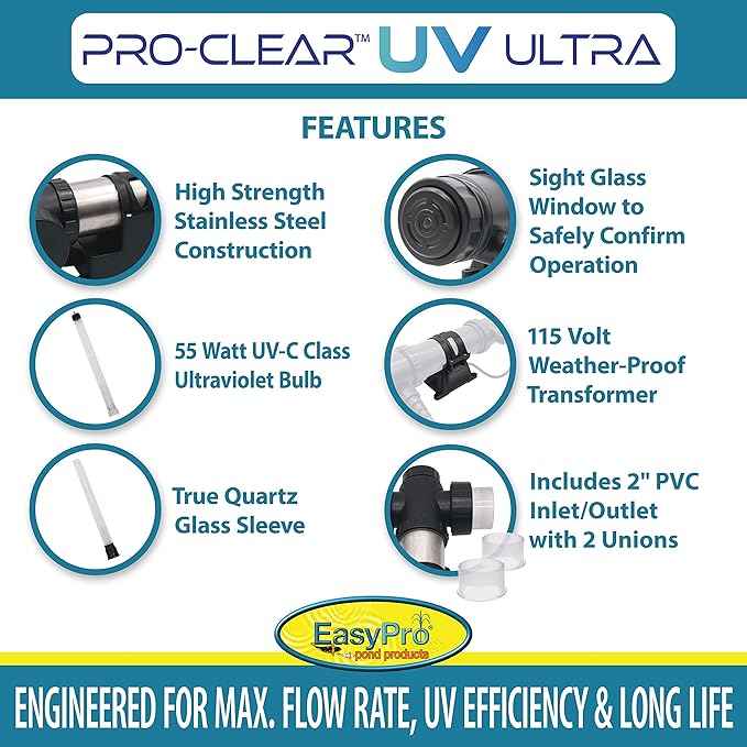 EasyPro PCU55W PRO-Clear UV Ultra Stainless Steel UV Clarifier / 55 Watt/Max. Flow Rate: 3600 GPH/Max. Pond: 7500 Gallons