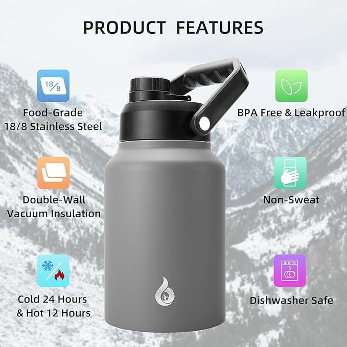 BJPKPK 64 oz Insulated Water Bottle, Dishwasher Safe Half Gallon Water Bottle with Ergonomic Handle, BPA Free Leak Proof Water Jug for Sports, Metal Jug with Anti-slip Bottom, Grey