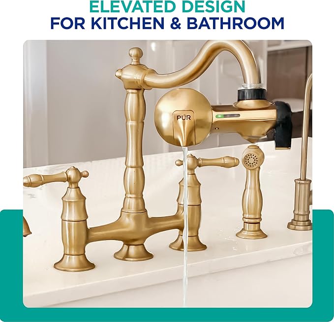 PUR Plus Faucet Mount Water Filtration System with Lead Reducing Mineral Core Filter, Attaches to Kitchen Sink, Horizontal, Brass, PFM410F
