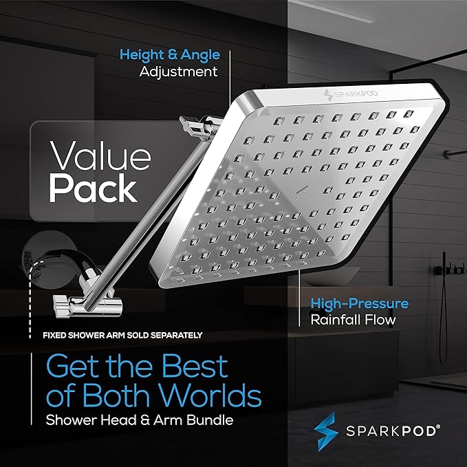 SparkPod Square Rain Shower Head with Shower Head Extension Arm - High Pressure Rain - Luxury Modern Look - No Hassle Tool-less 1-Min Installation (11" Shower Arm Extension, Luxury Polished Chrome)