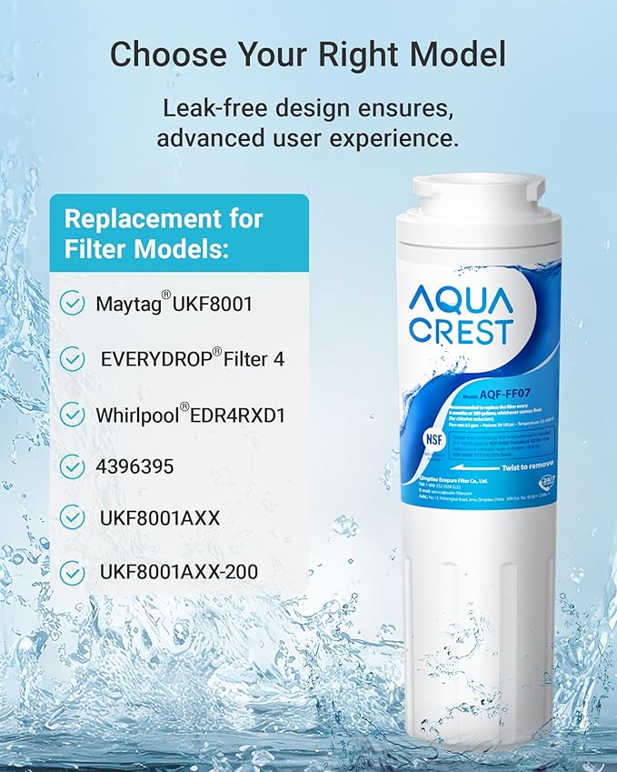 AQUA CREST UKF8001 Refrigerator Water Filter, Replacement for EveryDrop Filter 4, Maytag UKF8001P, Whirlpool UKF8001AXX-750, UKF8001AXX, 4396395, 469006, EDR4RXD1, Puriclean II