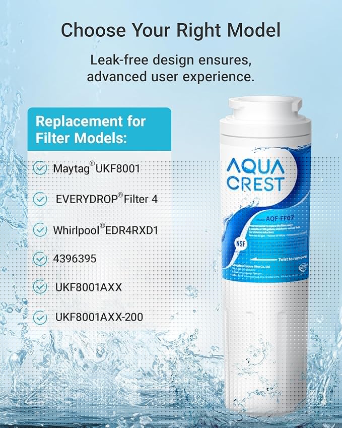AQUA CREST UKF8001 Replacement for EveryDrop Filter 4, Whirlpool EDR4RXD1, 4396395, Maytag UKF8001P, UKF8001AXX-750, Puriclean II, 46-9006, Refrigerator Water Filter (Pack of 3)
