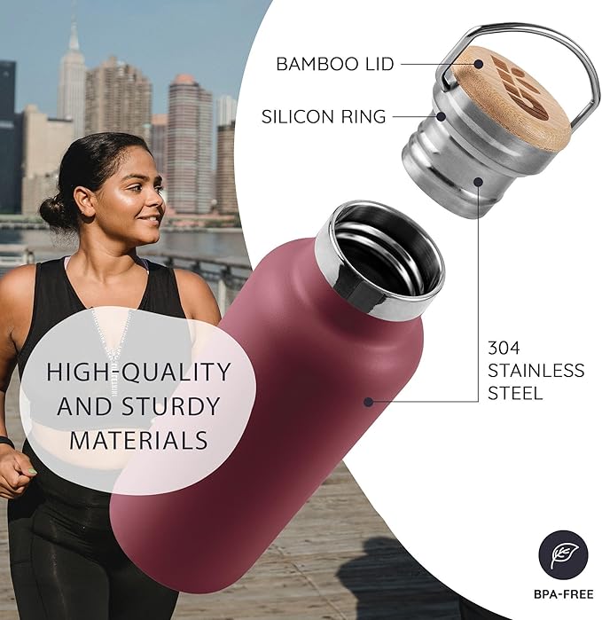 Bambaw 16 oz Water Bottle Insulated, Reusable Stainless Steel Water Bottle with Wide Mouth That Fits Tea Infusers, Made of High-Grade Stainless Steel, Durable & Easy to Clean (Red Berry)