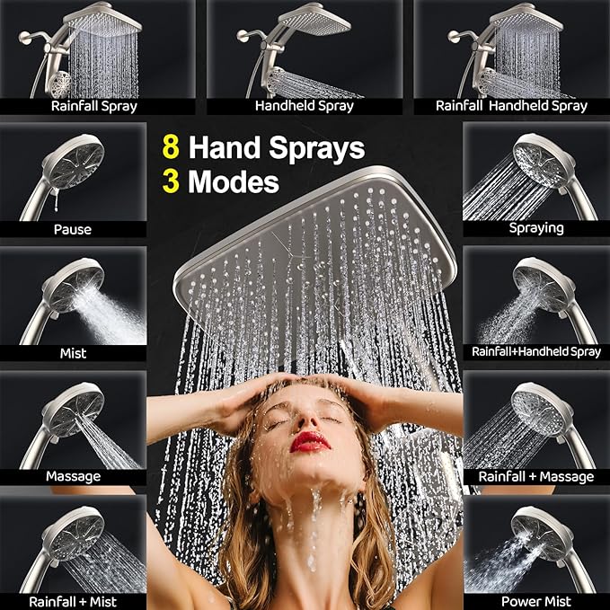 Rain Shower Head with Handheld High Pressure rainfall Shower Heads with Handheld Spray Combo Adjustable one-piece stand daul shower head Built-in Magnetic Docking and Power Jets-Nickel