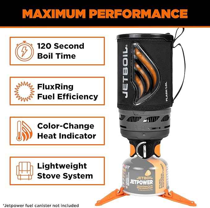 Jetboil Flash Portable Fast Boil Stove for Camping and Backpacking with 1-Step Auto Ignition, Propane/Isobutane Burner with Cooking Cup