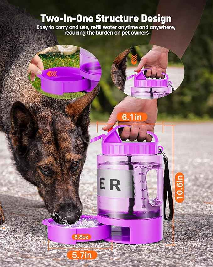 Portable Dog Water Bottle Bowl - 77 oz Travel Water Bowl Dispenser for Dogs Leak Proof, Suitable for Large Pet Drinking, A Must Have for Outdoor, Camping, Walking, Beach, Hunting Other Scenes （Purple）