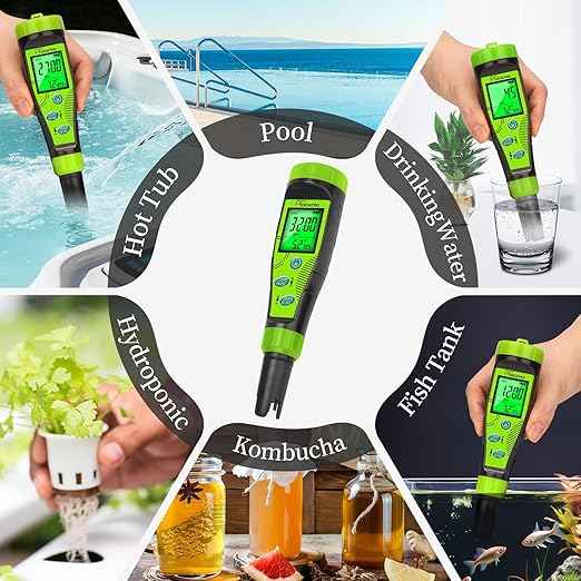 Digital Pool Salt Tester for Swimming Pool Large Simultaneous Screen Salinity pH Meter for Koi Pond Aquarium Fish Tank Hot Tub EC Tester for Indoor Garden Hydroponics Water Quality Tester