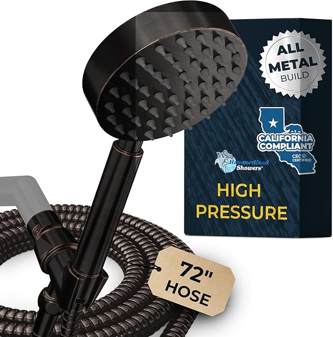 HammerHead Showers® Solid Metal LOW FLOW Handheld Shower Head with Hose and Brass Holder - OIL RUBBED BRONZE – Water Saving 1.75 GPM Detachable Shower Head - Adjustable Shower Wand Bracket & 6ft Hose