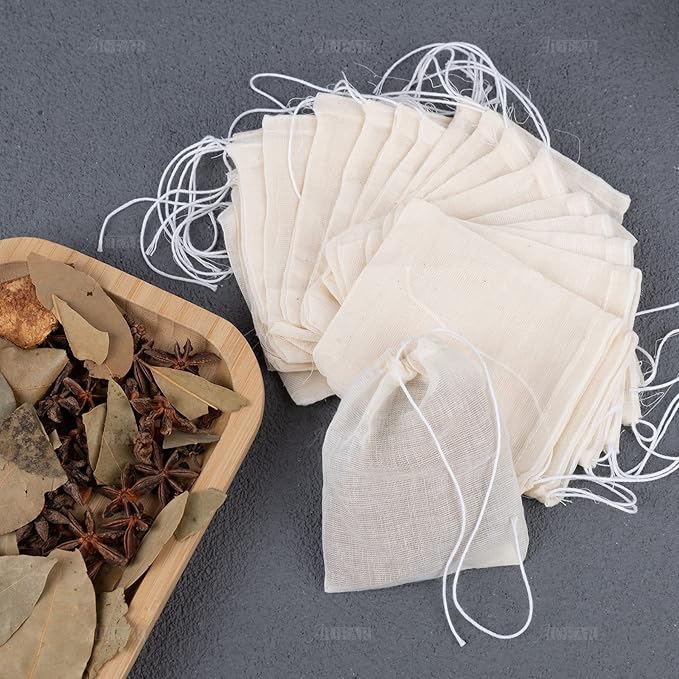 AUEAR, 50 Pack Reusable Drawstring Cotton Soup Bags Spice 3 x 4 Inch Tea Filter Coffee Brew Herb Muslin Cheesecloth for Straining
