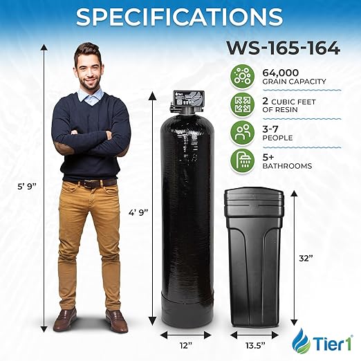 Tier1 Whole House Water Softener System 64,000 Grain High Efficiency | Pre-Filled Mineral Tank with 2 Cubic feet of Cation Resin | Home Water Filtration System | Everyday Water Softener