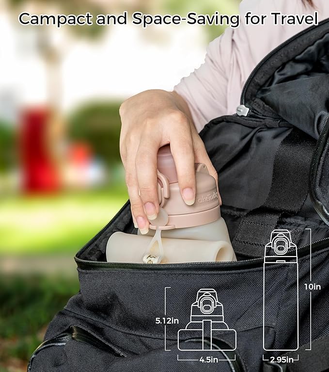 TakeToday Collapsible Water Bottles 20oz (600mL), Foldable Platinum Silicone Travel Water Bottle with Straw & Carry Strap, Leak-Resistant Screw Lid, Wide Mouth, BPA-Free for Hiking, Camping, Travel