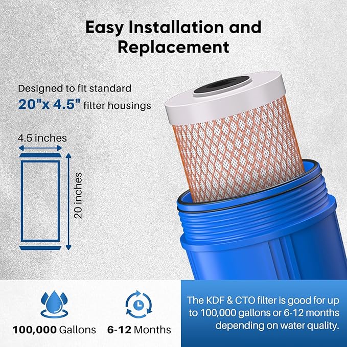 PUREPLUS 5 Micron 20" x 4.5" Whole House Coconut Shell Activated Carbon and KDF Water Filter, Heavy Metal Removal Replacement Water Filter, CTO20BB-KDF, 2 PACK