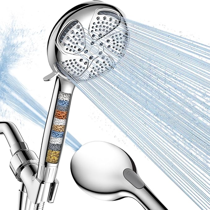 FEELSO Filtered Shower Head with Handheld, High Pressure 7 Spray Showerhead with Filters for Hard Water - Remove Chlorine, Reduce Dry Itchy Skin, Anti-clog Nozzles, Power Wash to Clean Tub, Tile & Pet - AquaVibe