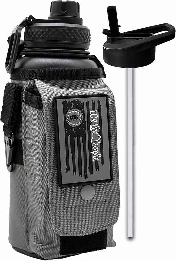 Iron Infidel Battle Bottle - 32 Oz Insulated Water Bottle with Straw Lid & Chug Cap, Stainless Steel Metal Tactical Flask with Rugged, Removable Sleeve for Keys & Phone or Wallet (Betsy Ross 1 Liter)