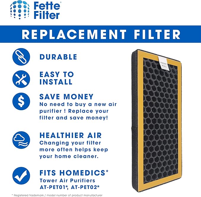 Fette Filter - Air Purifier Activated Carbon Filter Compatible with HoMedics TotalClean PetPlus. Compare to Part # AT-PET01, AT-PET02, AT-PETODR - Pack of 2