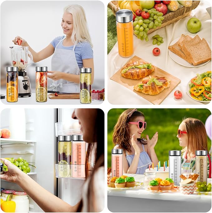 Vesici 6 Pack Wide Mouth Glass Juice Bottles Glass Water Bottles with Lids and Sleeve for Juicing Smoothies Milk Protein Infused Water Reusable Leakproof Borosilicate Bottle (16 oz)