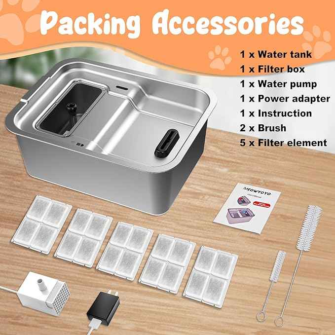 Stainless Steel Dog Fountain, 7L/10L Large Capacity Automatic Water Dispenser with 5 Filters, LED Indicator, Silent Pump for Medium to Large Cats Dogs and Multi-Pet Home (10L Fountian)