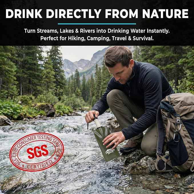 Tactiko Survival 20oz/600ml Purifying Water Bottle Filter Kit - Filter 265 Gal. Water from Rivers, Lakes & Streams - SGS Certified - UF Membrane, Activated Carbon - Camping, Hiking, Emergency (Green)