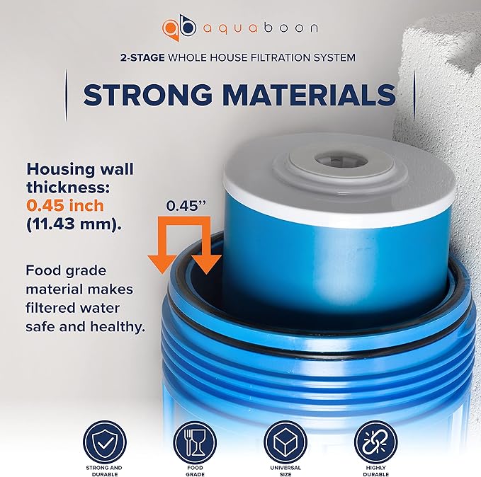 Aquaboon 2-Stage Whole House Water Filter System with 20x4.5 Water Filters Against Sediment & Chlorine | Gauge & Release, Wrench, Bracket Included