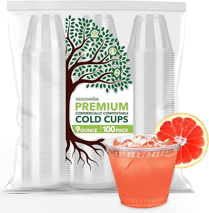Stock Your Home 9 oz Premium Commercially Compostable Cold Cups (100 Pack), Eco Party Cup, Environmentally Friendly Recyclable Disposable Sustainable for Water, Wine, Beer Sample