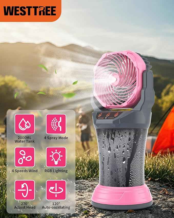Portable Misting Fan with Large Battery Fan-Rechargeable Outdoor Misting Cooling Fans with 2L Water Tank,RGB Lights,4 Speeds & Spray Modes-for Patio, Camping, Beach, Workshop (Gray-Pink)