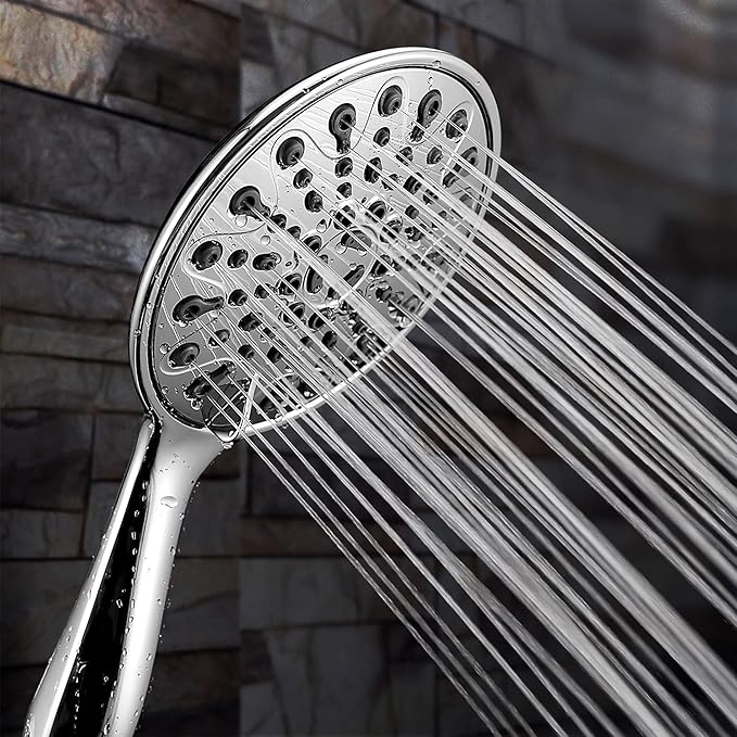 Handheld Shower Head, 6" Chrome Face 6 Spray Setting Shower Head with High Pressure, Brass Swivel Ball Mount and Extra Long Flexible Stainless Steel Hose