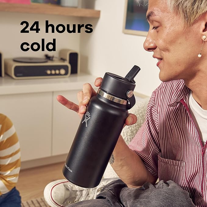 Hydro Flask Water Bottle - Insulated Stainless Steel - Wide Mouth Flex Straw Lid, Non Spill, Leakproof and Refillable in 32 Oz Tonal White