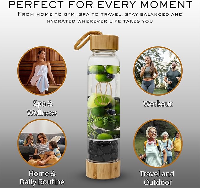 Vie Healing Gem Infused Obsidian Crystal Water Bottle, 16oz | Crystal Glass Bottle for Mindful Hydration, Daily Balance & Style | Eco Friendly Reusable Water Bottle for Home, Office, Gym & Travel