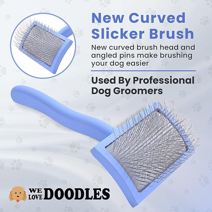 Slicker Brush for Dogs, Dog Grooming Supplies - Best Doodle & Poodle Brush for Long Haired Dogs - Goldendoodle Long Pin Detangler For Dematting (Medium Curved) - AquaVibe