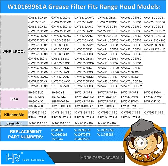 Upgraded W10169961A Range Hood Filter Replacement, Fits Whirlpool, Ikea, Kitchen Aid, Jenn Air, Aluminum Mesh Hood Grease Filter 10.5x12Inch, HR Huare Technology Aluminum Range Hood Vent Filters,3PCS