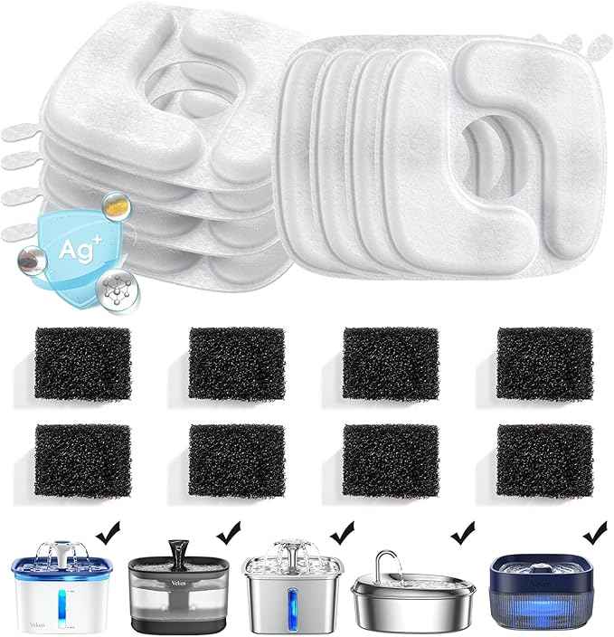 Veken Cat Water Fountain Filters, 8 Pack Replacement Filters & 8 Pack Replacement Pre-Filter Sponges Set for 50oz, 84oz, 95oz Automatic Pet Fountain Dog Water Dispenser - AquaVibe