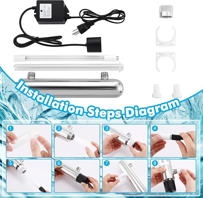 Qualirey 12W UV Lights for Ponds Aquarium Control Cold Plunge UV Light, Stainless Steel UV Filter Aquarium, Aquarium Clarifier Easy to Installation for Aquarium Indoor Outdoor Removal Algae Plant