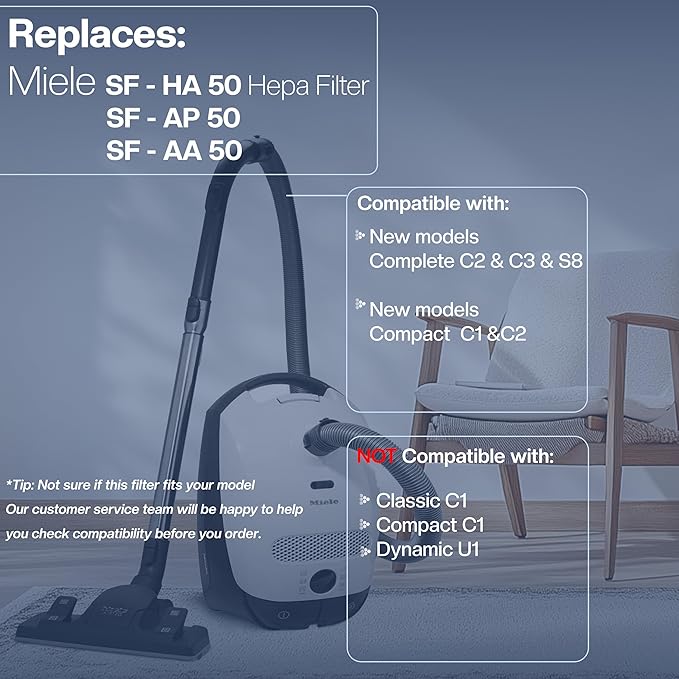 3 Filter for Miele Vacuum Cleaner [Compact C1 & C2, Complete C2 & C3, S8340, S4000–S8999] [Replaces SF-HA 50] – 3x HEPA & 3x Motor Filter – Not Compatible with Classic C1 or Complete C1 Series - AquaVibe