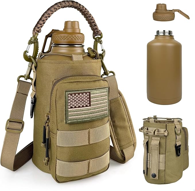 Half Gallon Water Bottle Insulated with Sleeve - Tactical 64 oz Stainless Steel Water Jug with MOLLE Water Bottle Pouch, Gym Water Bottles for Men Hiking Workout (Brown)