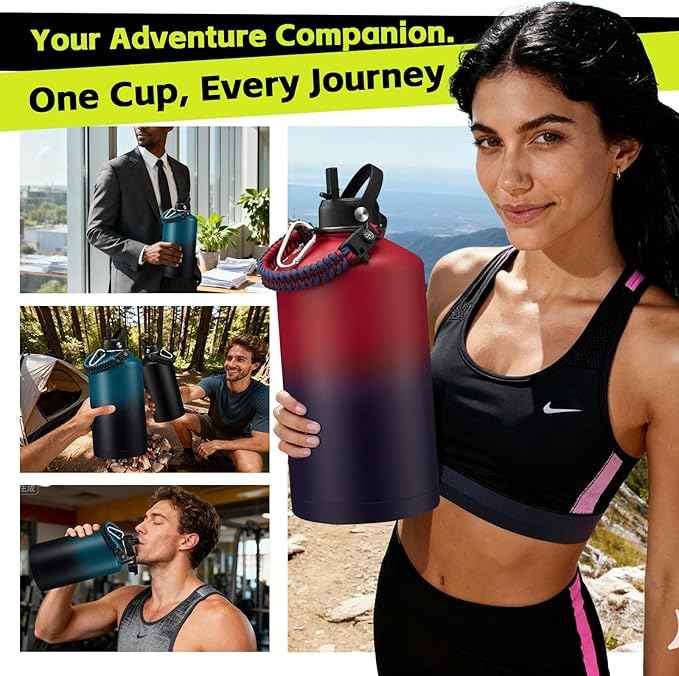 1 Gallon Insuated Water Bottle, (Keep Cold 48H), Leak Proof Food-Grade Stainless Steel Big 128 oz Water Jug With Straw Lid and Atuo Spout Lid, Portable Paracord Handle & Carrier Bag