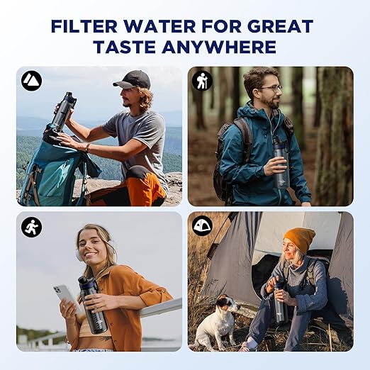 Membrane Solutions C3 Filtered Water Bottle, 36oz BPA-Free Bottle with Replaceable ACF+UF Filter Cartridge, Portable Water Filter, Travel, Hiking & Camping for Drinking Water Anywhere(Grey)