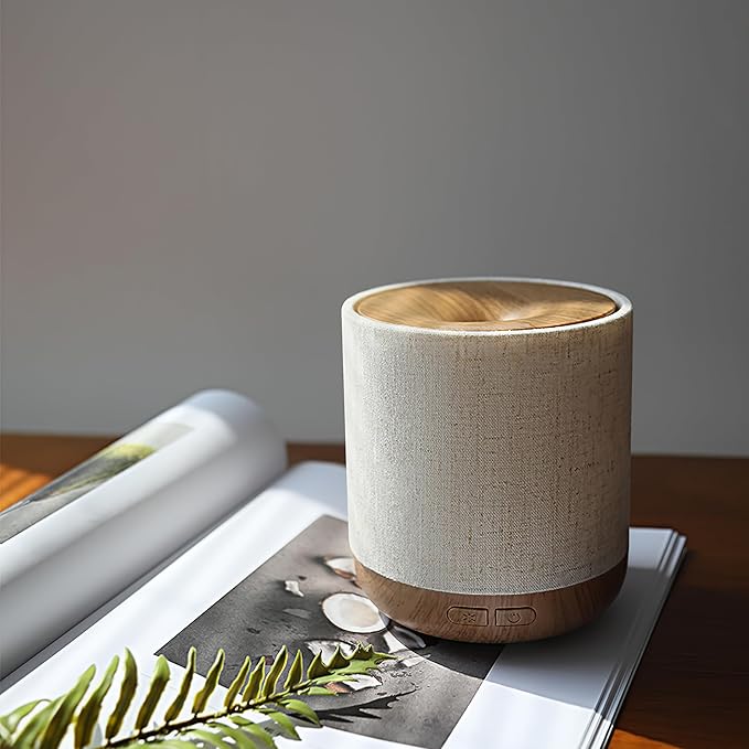 Essential Oil Diffuser 200ml with Fabric Cover and Night Lamp | Ultrasonic Aroma Diffuser | Humidifier w Lights | Room Decor | Small Humidifier for Bedroom | Gift (Light Brown)