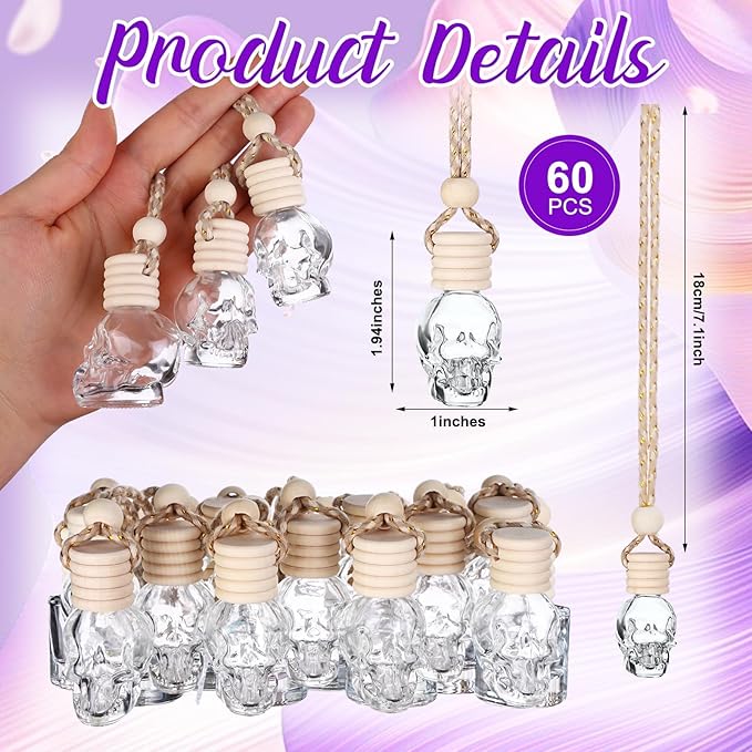 60 Pcs Hanging Car Air Freshener Car Diffuser Bottle Empty Glass Perfume Bottles Air Freshener Diffuser Bottle Pendant for Essential Oils Fragrance Aromatherapy Ornament Decor (Skull Style)