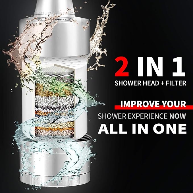 BathBeyond Filtered Shower Head, hower Filter Head 2-in-1 Vitamin C 15 Stage High Output Water Filter with Cartridge for Hard Water Remove Chlorine and Harmful Substances (Chrome)