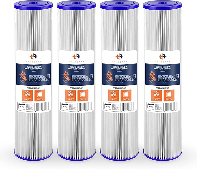 Aquaboon 1 Micron Whole House Pleated Sediment Water Filter Cartridge 20x4.5 Well Filter Replacement Compatible with ECP5-20BB, SPC-45-1005, 4 Pack